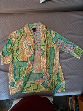 Multiples Floral & Geometric Print Open Front Shrug in Tan, Green & Teal